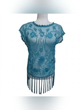 Charming Charlie Size S Blue Mesh Embroidered Flower Floral Fringe Boho Top